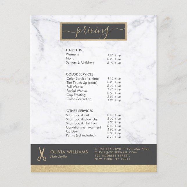 Geometric Chic Gold Scissors Marble Hair Stylist Flyer (Front)