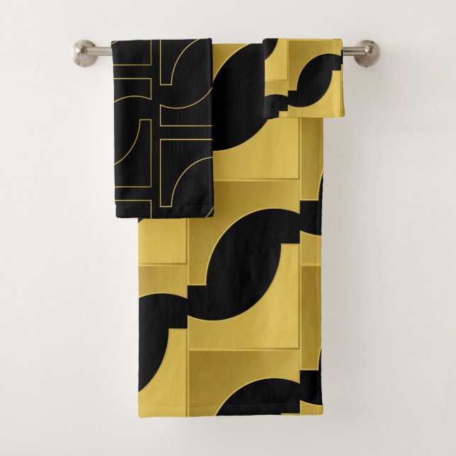 Geometric Chic Golden Brass Pattern On Black Bath Towel Set (Insitu)
