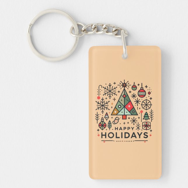 Geometric Christmas Tree Happy Holidays Festive Key Ring (Front)