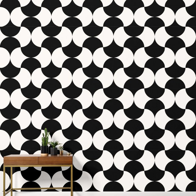 Geometric Circles Black White Pattern Wallpaper (Hallway)