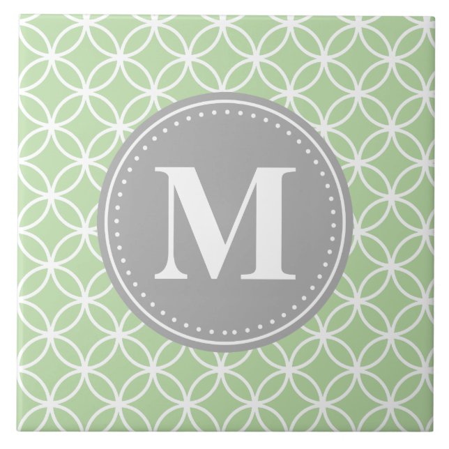 Geometric Circles Mint Green Grey Monogram Tile (Front)