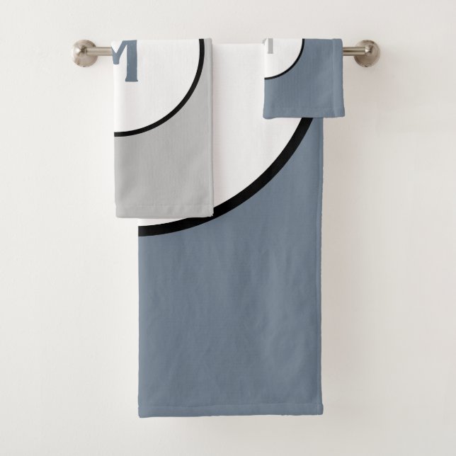 Geometric Circles Slate Grey Monogram Bath Towel Set (Insitu)