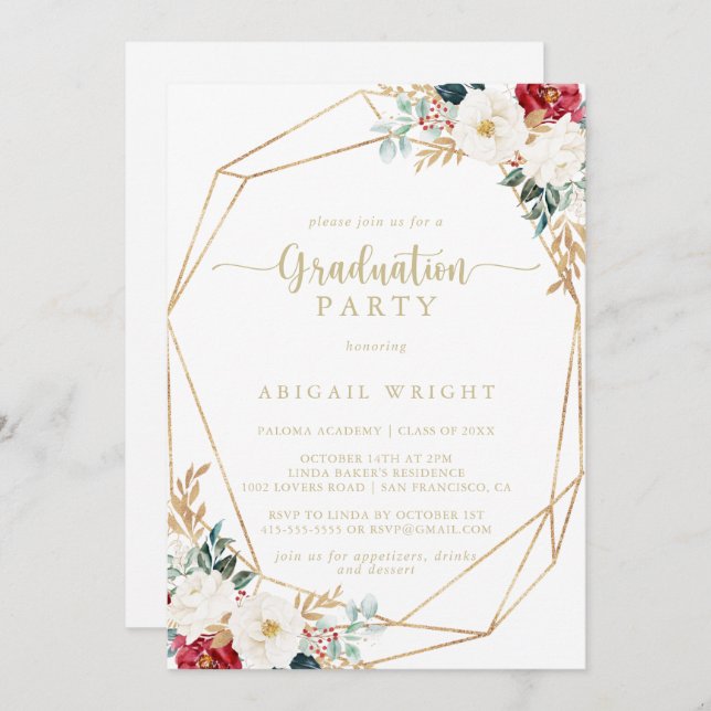 Geometric Classic Gold Floral Graduation Party   Invitation (Front/Back)