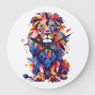 Geometric colorful lion design large clock