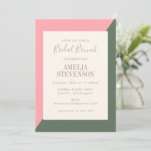 Geometric Colour Block Pink Green Bridal Brunch Invitation (Standing Front)