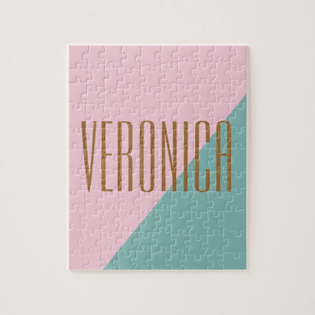 Geometric Colour Block Pink Teal Personalised Name Jigsaw Puzzle (Vertical)