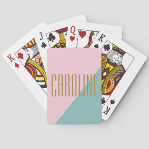 Geometric Colour Block Pink Teal Personalised Name Playing Cards