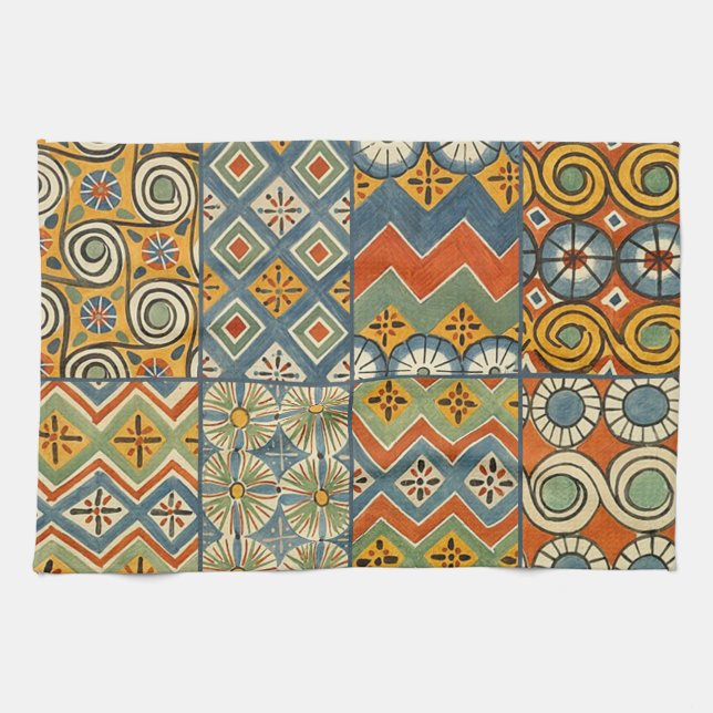 Geometric Colourful Antique Egyptian Graphic Art Tea Towel (Horizontal)