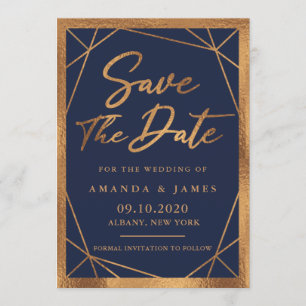 Geometric Cooper Gold And Navy Blue Save The Date Invitation