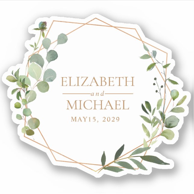 Geometric Copper Eucalyptus Wedding Date Sticker (Front)