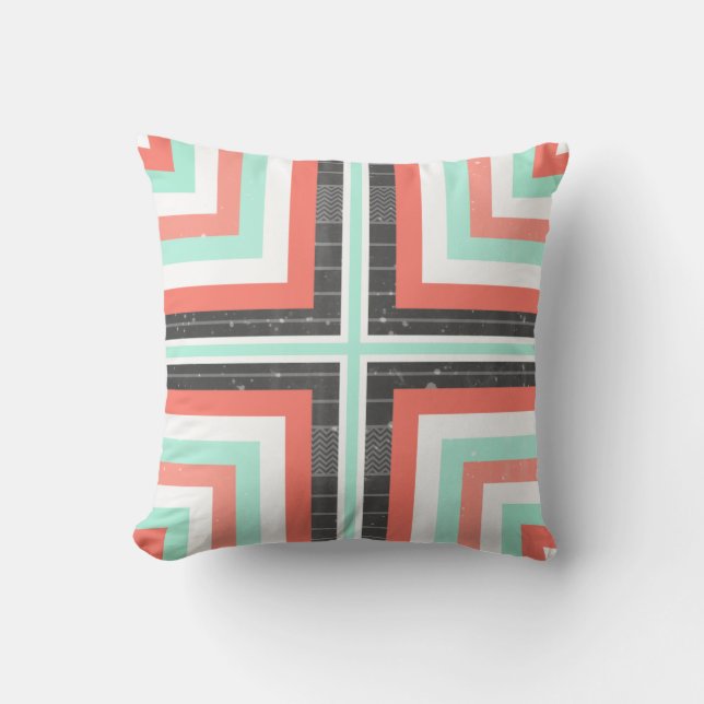 Geometric Coral & Mint Green Distressed Pattern Cushion (Front)