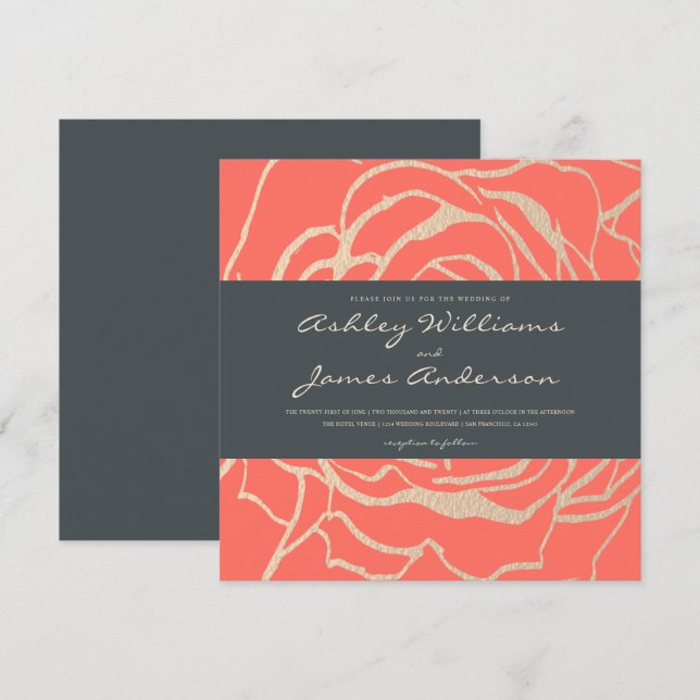 Geometric Coral Rose Floral Square Wedding Invitation (Front/Back)
