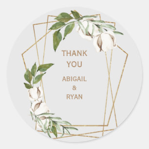 Geometric & Cotton Foliage Grey Wedding Thank You Classic Round Sticker