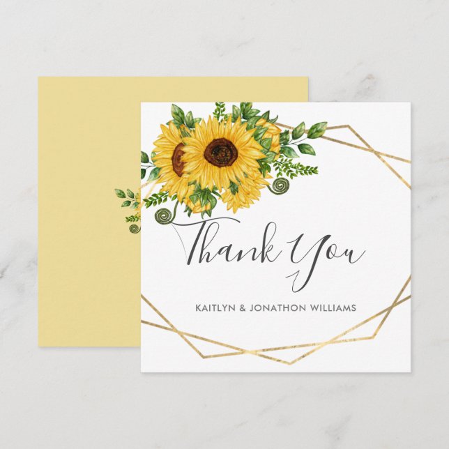 Geometric Country Rustic Summer Sunflower Wedding Thank You Card (Front/Back)