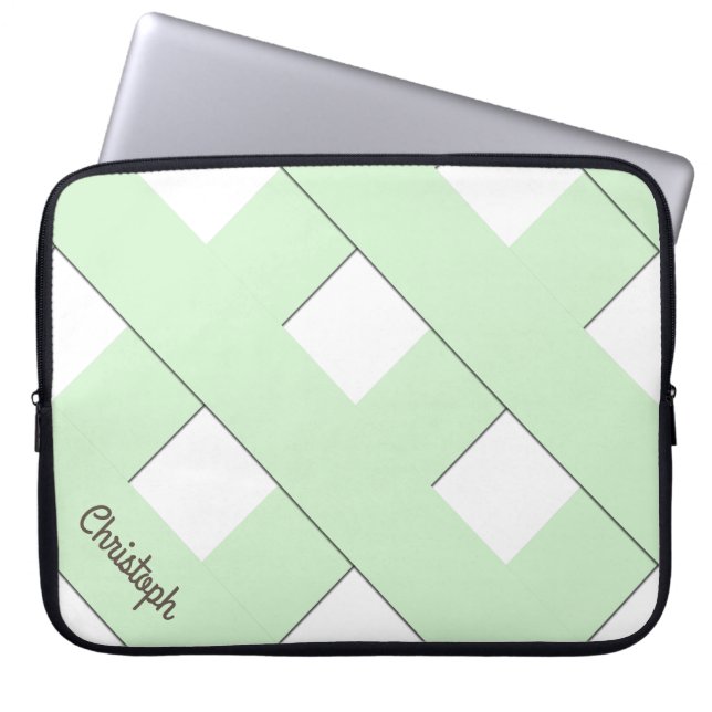 Geometric Crossing Pastel Green Lines with Name Laptop Sleeve (Front)