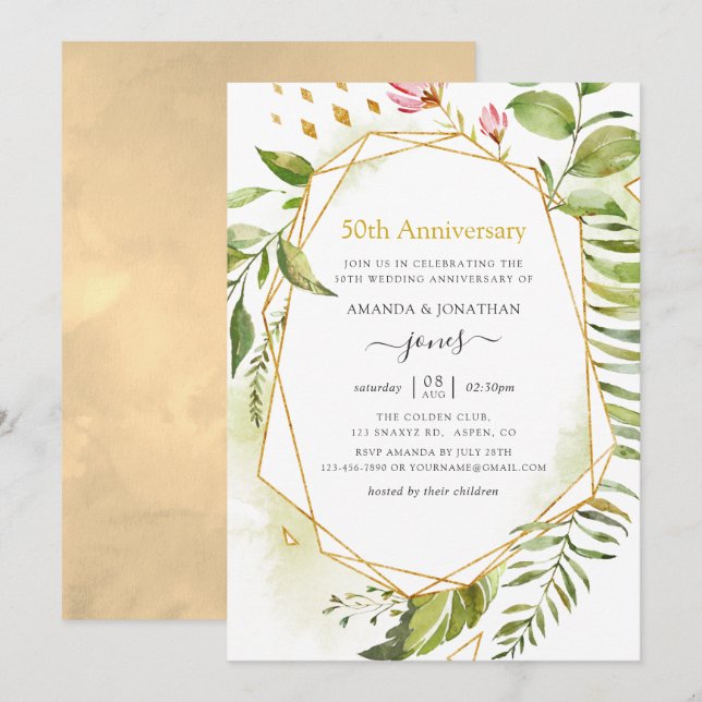 Geometric Crystal Golden 50th Wedding Anniversary Invitation (Front/Back)