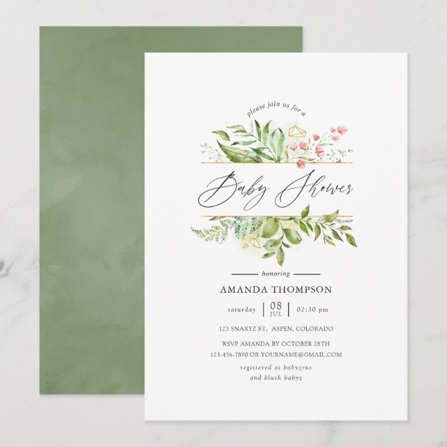 Geometric Crystal Greenery Baby Shower Invitation (Front/Back)