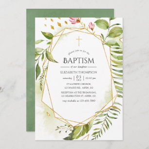 Geometric Crystal Greenery Baptism Invitation