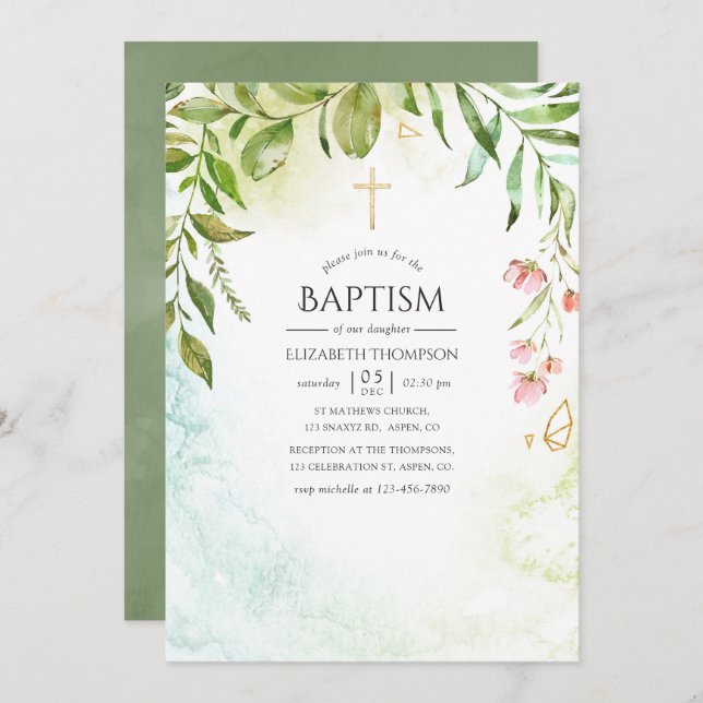 Geometric Crystal Greenery Baptism Invitation (Front/Back)