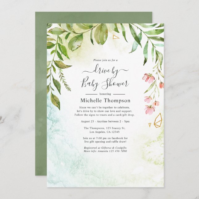 Geometric Crystal Greenery Drive By Shower Invitation (Front/Back)