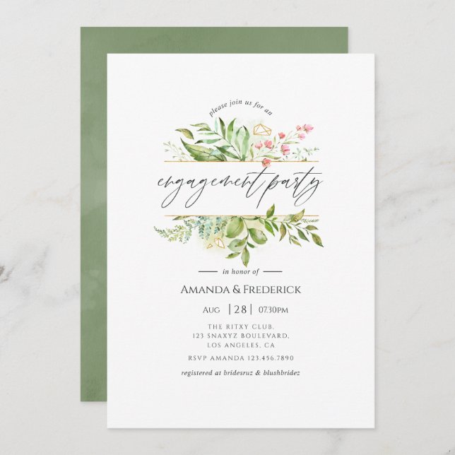 Geometric Crystal Greenery Engagement Party Invitation (Front/Back)