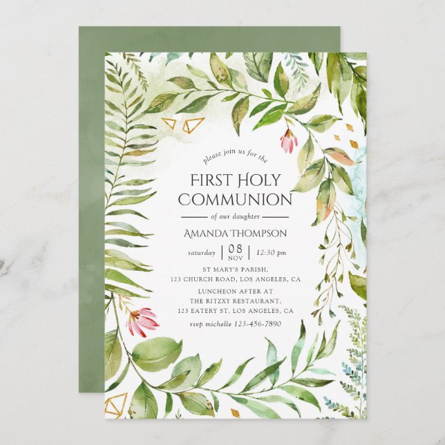 Geometric Crystal Greenery First Holy Communion Invitation (Front/Back)