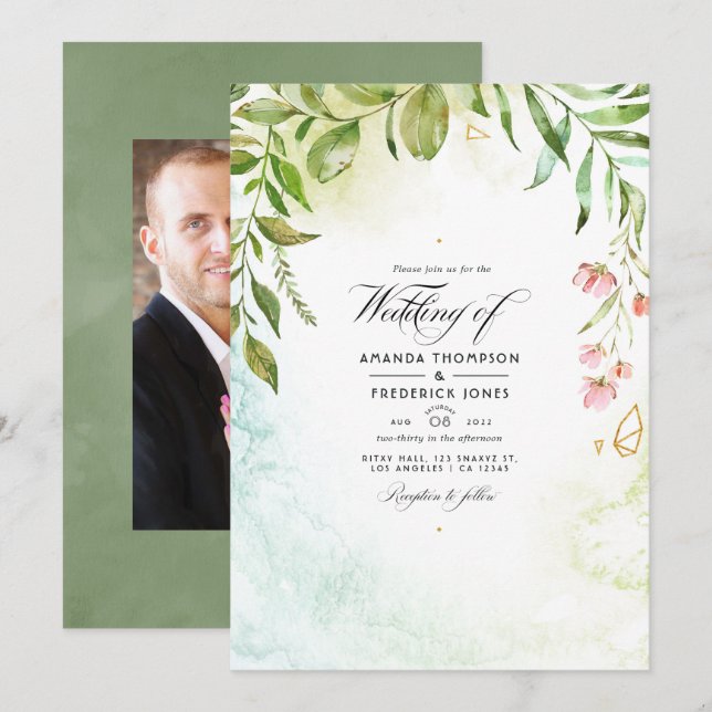 Geometric Crystal Greenery Garden Wedding Invitation (Front/Back)