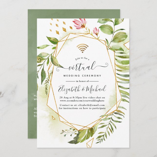 Geometric Crystal Greenery Online Virtual Wedding Invitation (Front/Back)