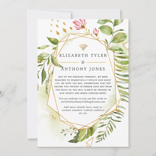 Geometric Crystal Greenery Virtual Wedding Announcement (Front)