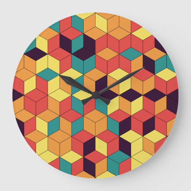 Geometric cubes, colour, seamless, vintage pattern large clock (Front)