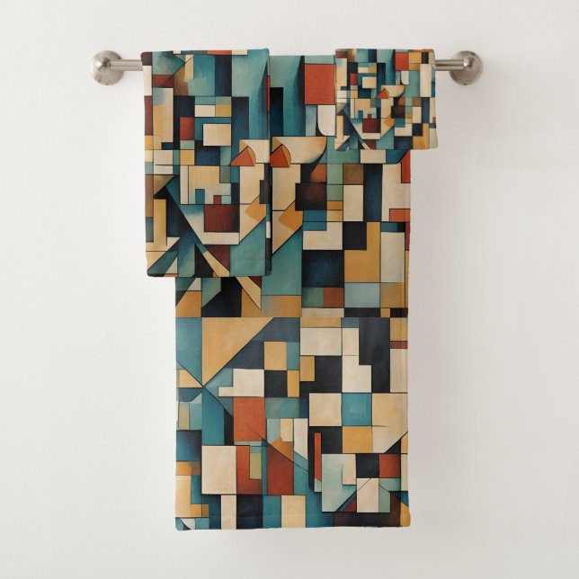 Geometric cubist, abstract, colour design.  bath towel set (Insitu)