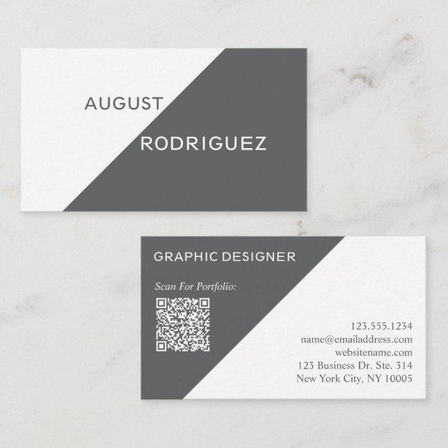 Geometric Custom QR Code Grey White Business Card (Front/Back)