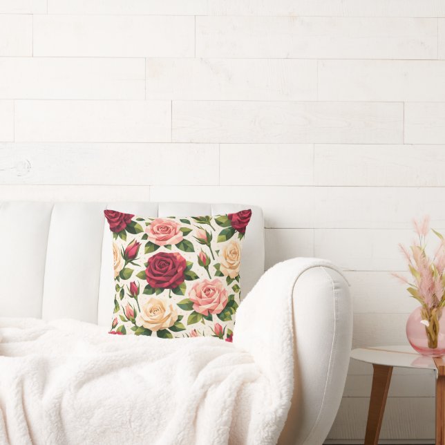 Geometric Cute Rose Pattern Pink Red Peach Floral Cushion (Couch)