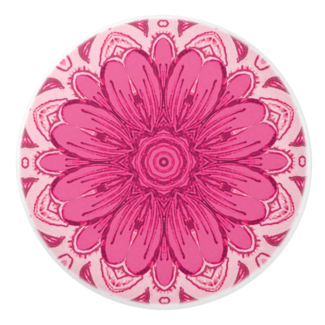 Geometric Daisy Pattern in Coral and Pastel Pink   Ceramic Knob (Front)