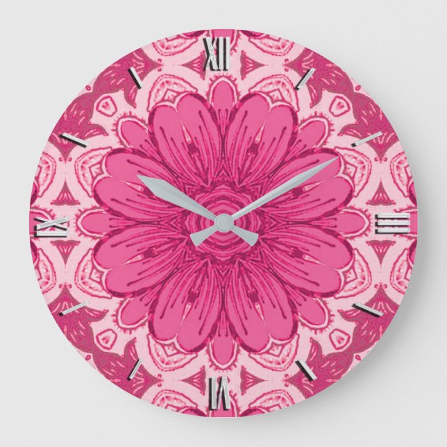 Geometric Daisy Pattern in Coral and Pastel Pink  Large Clock (Front)