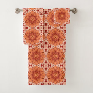 Geometric Daisy Pattern in Mandarin Orange Bath Towel Set