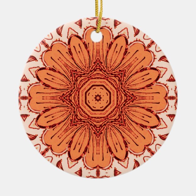 Geometric Daisy Pattern in Mandarin Orange  Cerami Ceramic Tree Decoration (Front)