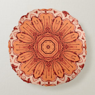 Geometric Daisy Pattern in Mandarin Orange Round Cushion