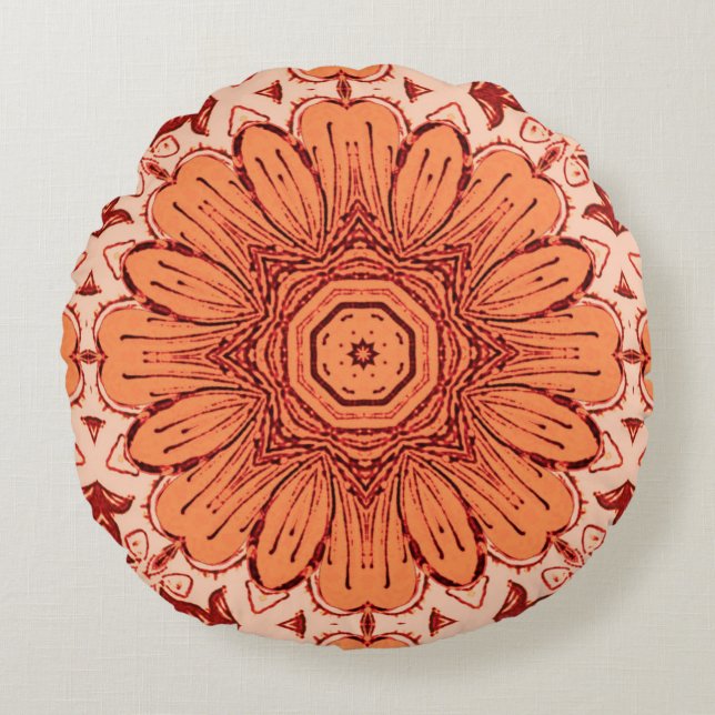 Geometric Daisy Pattern in Mandarin Orange  Round Cushion (Front)