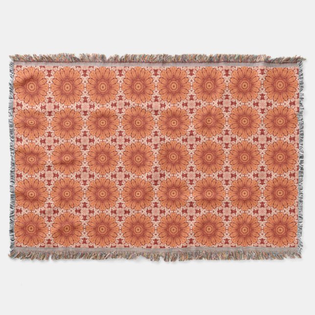 Geometric Daisy Pattern in Mandarin Orange  Throw Blanket (Front)