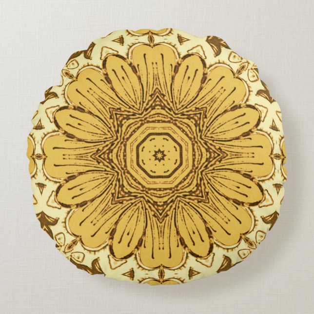 Geometric Daisy Pattern in Mustard Gold Round Cushion (Front)