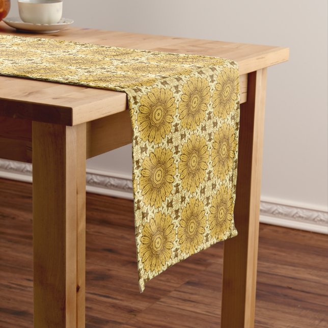 Geometric Daisy Pattern in Mustard Gold  Short Table Runner (In Situ)