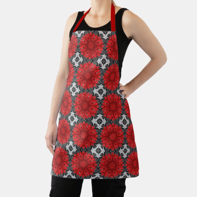 Geometric Daisy Pattern in Red Black & White Apron (Insitu)