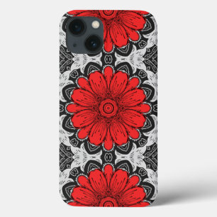 Geometric Daisy Pattern in Red Black & White iPhone 13 Case