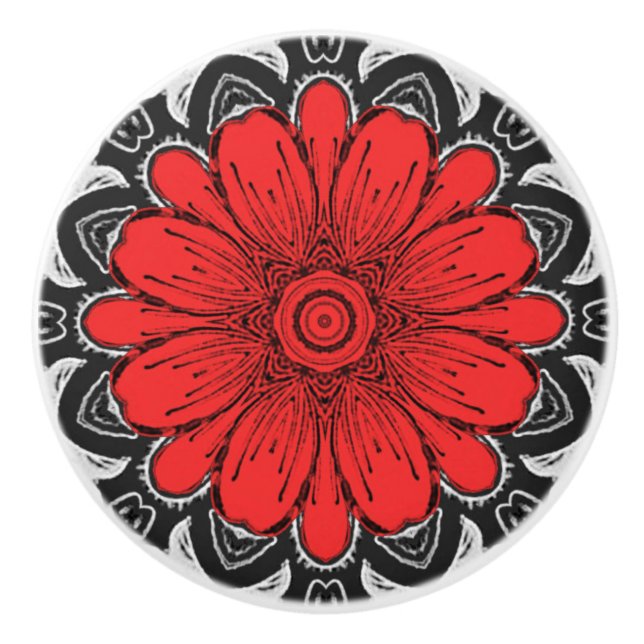 Geometric Daisy Pattern in Red Black & White    Ceramic Knob (Front)