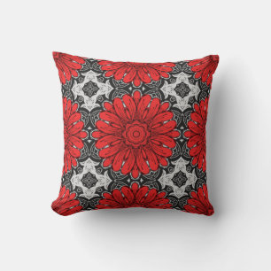 Geometric Daisy Pattern in Red Black & White    Cushion