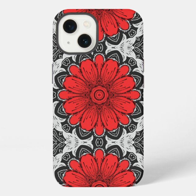 Geometric Daisy Pattern in Red Black & White    iPhone Case (Back)