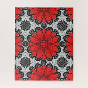 Geometric Daisy Pattern in Red Black & White Jigsaw Puzzle
