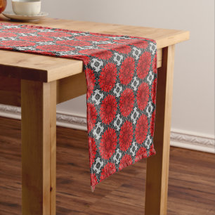 Geometric Daisy Pattern in Red Black & White Short Table Runner