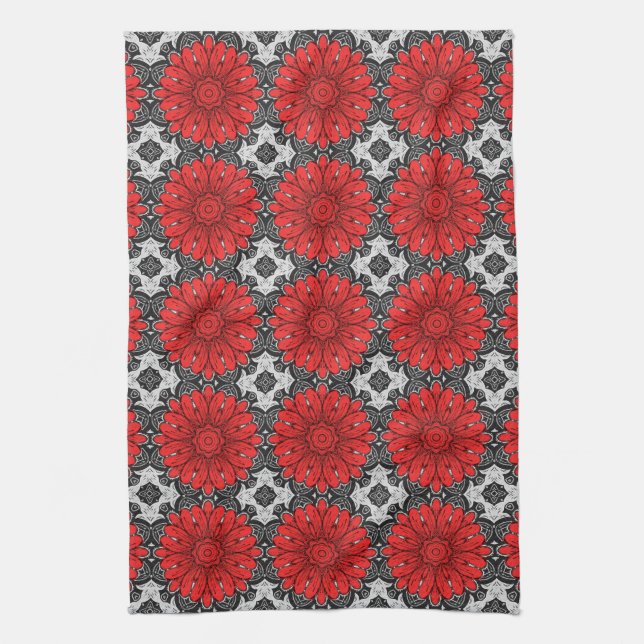 Geometric Daisy Pattern in Red Black & White    Tea Towel (Vertical)